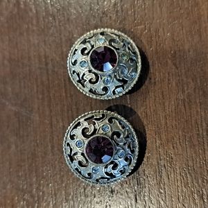 Vintage Clip Earrings, Scottish Motif 1" Silvertone Purple & Clear Rhinestone